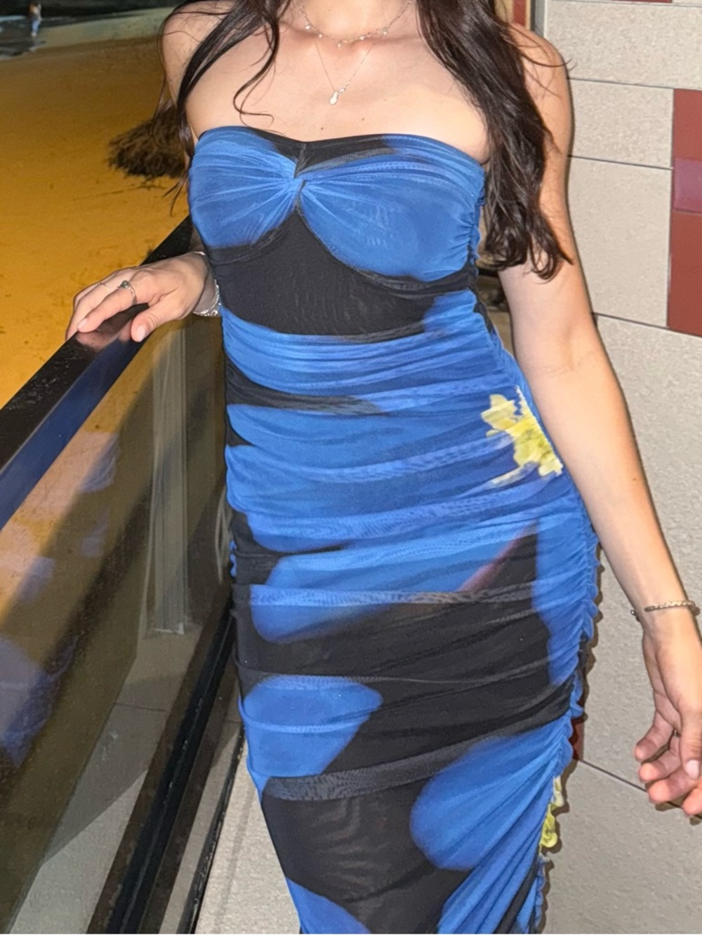 Strapless Ruched Blue Bodycon Dress